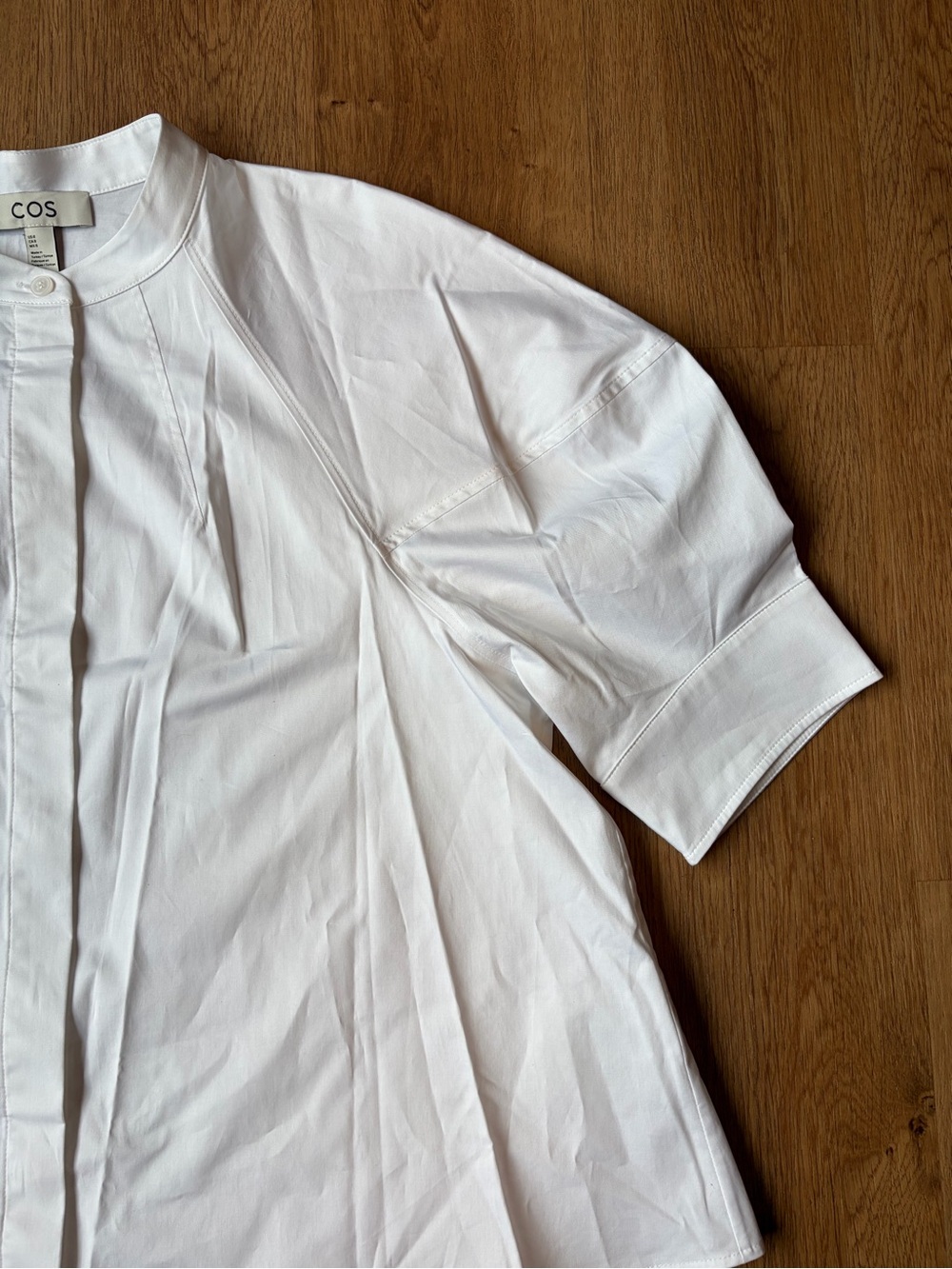 COS Puff Sleeve Blouse White Cotton Poplin Hidden Placket Band Collar US 8 - Picture 5 of 9